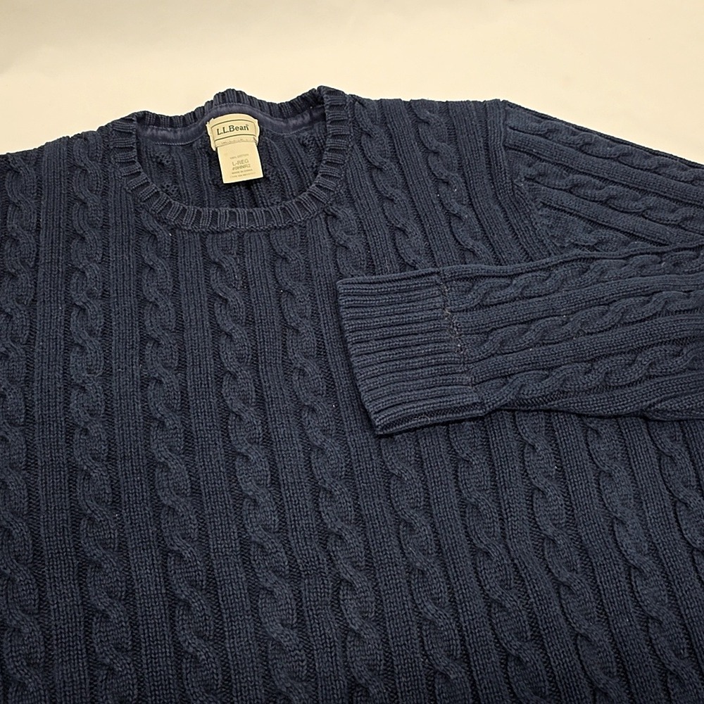 LL Bean Cable Knit Sweater Womens Large Navy Blue 100% Cotton Crewneck Preppy